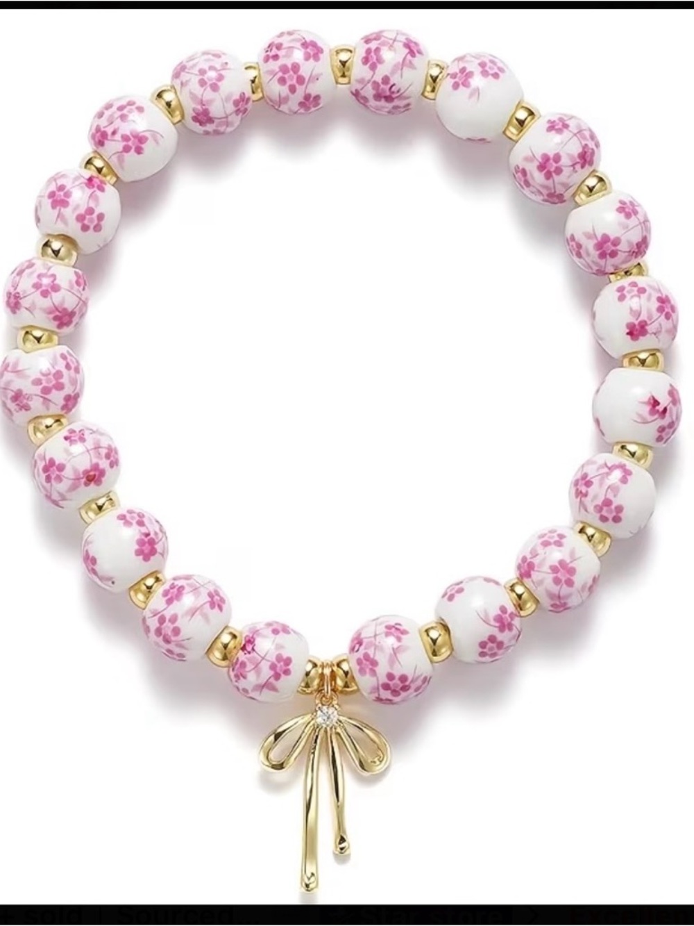 Delicate Pink Floral Bead Bracelet with Gold Bow Charm - Picture 2 of 4